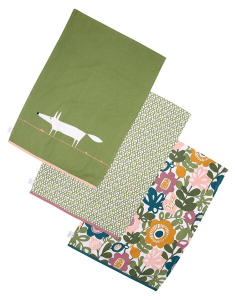 Scion Dexam Mr Fox Set of 3 Green Tea Towels Green