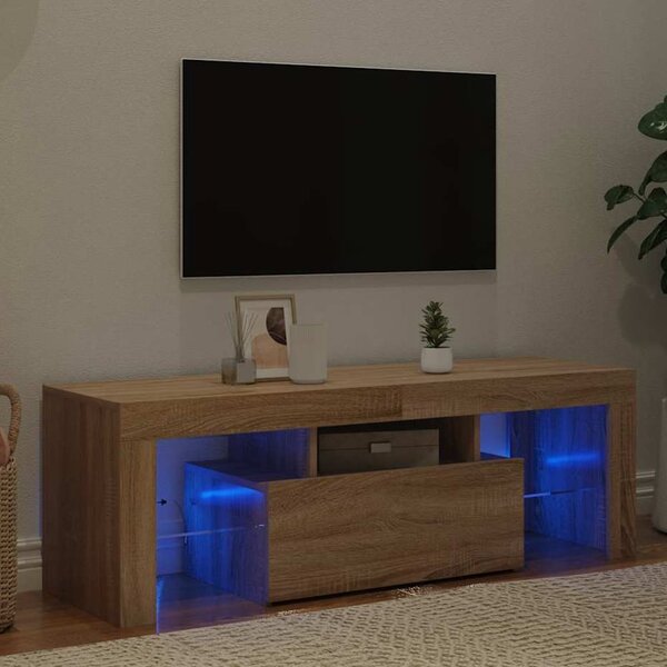 Dubuque Wooden TV Stand With 2 Glass Shelves And LED - Sonoma Oak