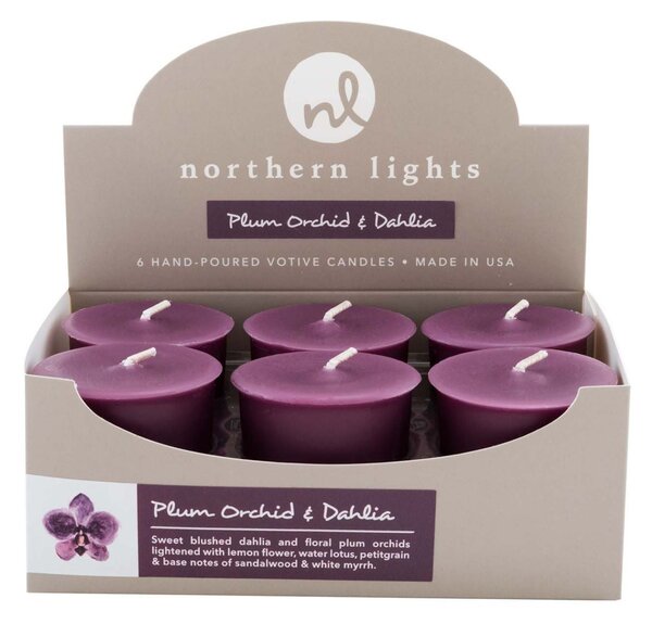 Northern Lights Set of 6 Plum Orchid and Dahlia Votive Candles Purple