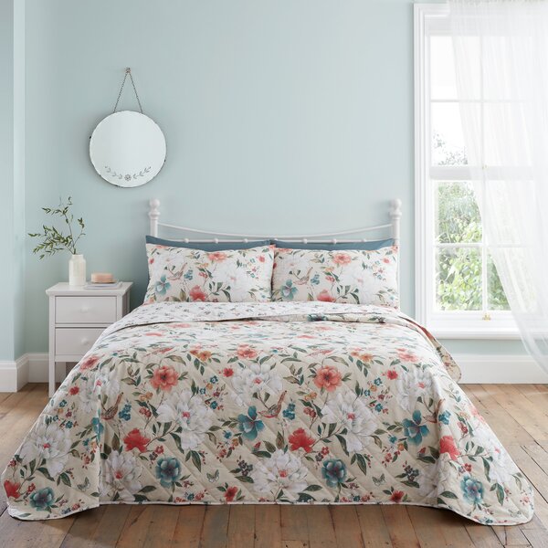 Catherine Lansfield Pippa Floral Bird Natural Bedspread 220cm x 230cm Natural
