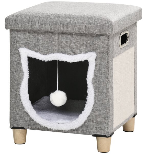 PawHut Cat Ottoman Bed 2-in-1, Cosy Cave with Cushion, Scratcher, Handles, Anti-Slip, Toy Ball, Grey