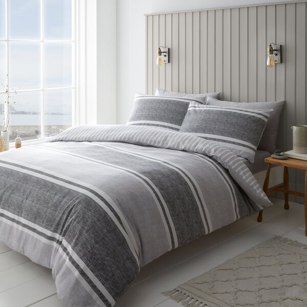 Catherine Lansfield Textured Banded Stripe Duvet Cover Bedding Set Charcoal Grey