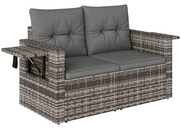 Outsunny 2 Seater Rattan Garden Sofa Outdoor Loveseat with Hidden Side Trays and Cushions for Patio Balcony, Dark Grey