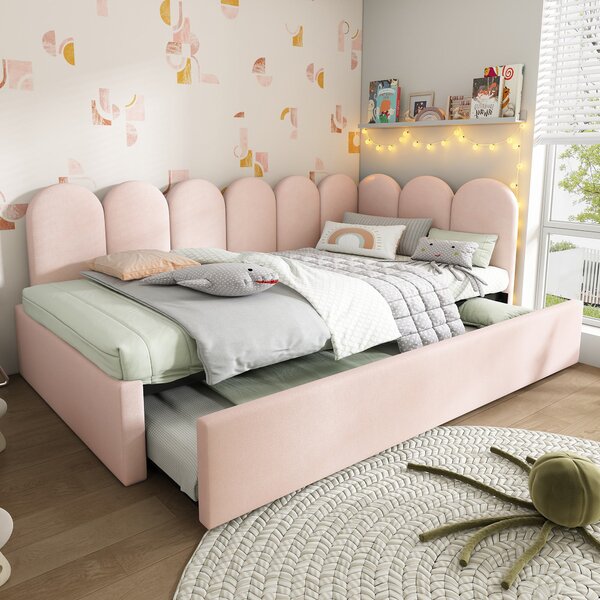 3ft Upholstered Daybed with Pull-Out Bed, Velvet Fabric, Easy Installation, Single Sofa Bed with Slatted Frame, 193L x 97W x 76H cm, Pink Aosom UK