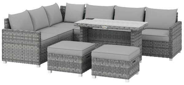 Outsunny 6 Seater Rattan Garden Furniture Set with 3 Sofas, 2 Footstools, Table, Patio Rattan Furniture Sofa Sets, Grey