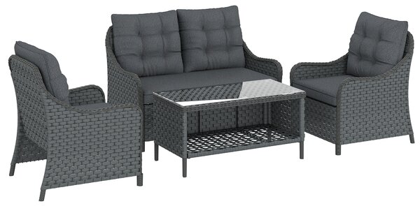 Outsunny 4-Piece Wicker Patio Furniture Set with 2 Armchairs, Loveseat, Glass Coffee Table, Conversation Sofa Set, Dark Grey