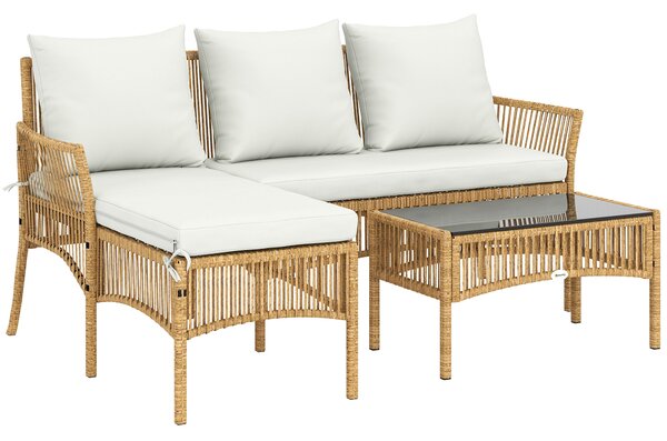 Outsunny 3 Piece Rattan Garden Furniture Corner Sofa Set with Chaise Lounge, Loveseat, Glass Coffee Table, Cushions, Natural Wood