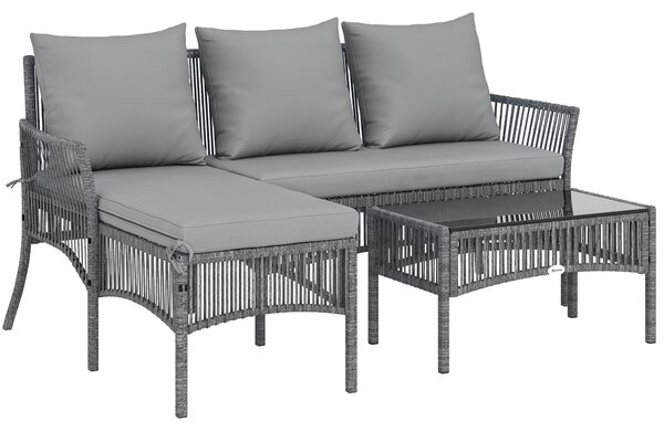 Outsunny 3 Piece Rattan Garden Furniture Corner Sofa Set with Chaise Lounge, Loveseat, Glass Coffee Table, Cushions, Dark Grey