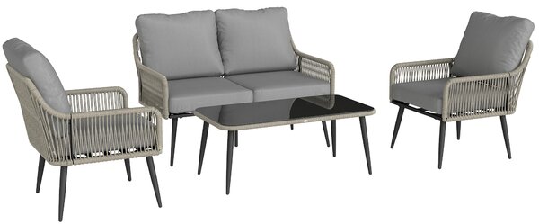 Outsunny Rattan Garden Furniture Set, 4 Piece Outdoor Patio Furniture with Tempered Glass Table and Chairs, Indoor Balcony Conservatory Set