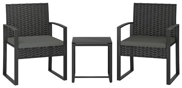 Outsunny Rattan Bistro Set, 3 Piece Garden Furniture Set with Glass Top Table and Cushions, Dark Grey