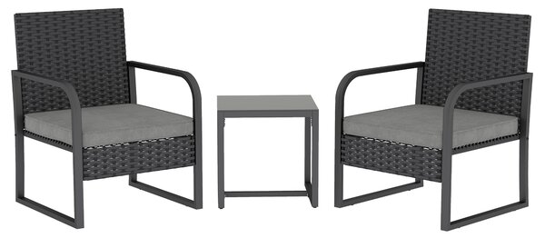 Outsunny Rattan Bistro Set, 3 Piece Garden Furniture Set with Cushions and Glass Top Table, Black