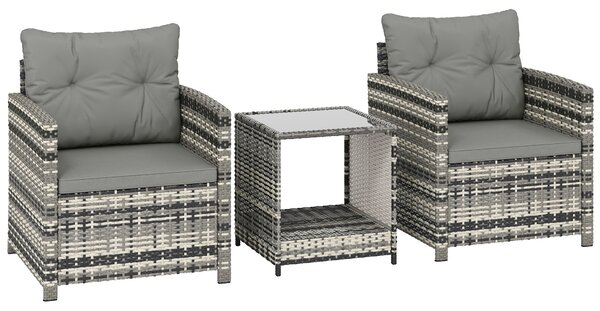 Outsunny Rattan Bistro Set, 3 Piece Garden Furniture Set with 2 Tier Glass Top Table and Cushions, Mixed Grey