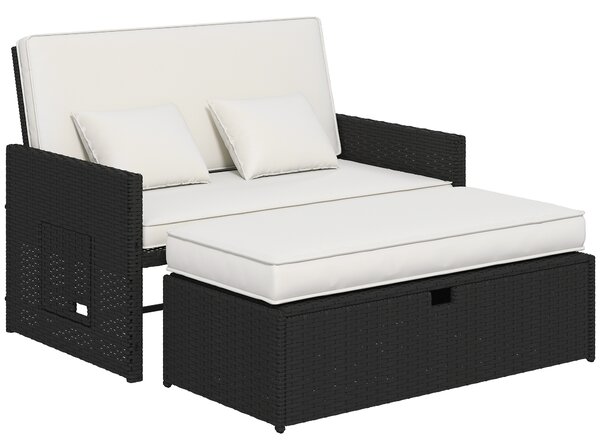 Outsunny Rattan Garden Daybed, Assembled Double Sun Lounger with 5-Level Adjustable Back, Storage Ottoman, Cream White