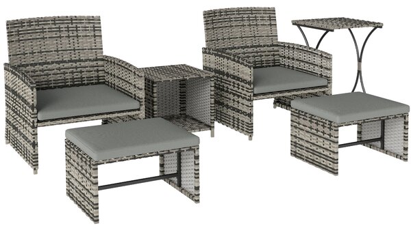 Outsunny 6 Piece Rattan Garden Furniture, Space-Saving Patio Furniture Set with Nesting Tables, Chairs, Stools, Cushions, Grey