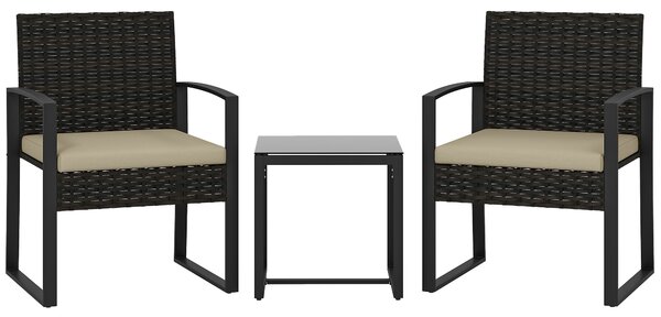 Outsunny Rattan Bistro Set, 3 Piece Garden Furniture Set with Glass Top Table and Cushions, Khaki