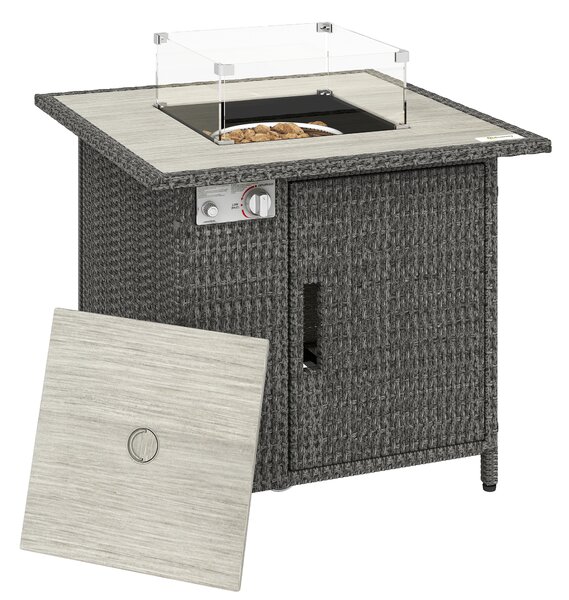 Outsunny 14.5 KW Rattan Gas Fire Pit Dining Table with Rain Cover, Wind Guard, Lid, Lava Rocks, Dark Grey