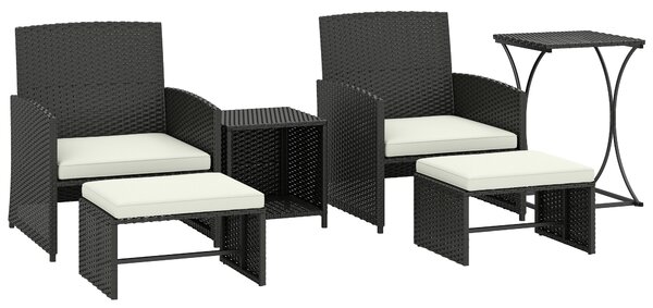 Outsunny 6 Piece Rattan Garden Furniture, Space-Saving Patio Furniture Set with Nesting Tables, Chairs, Stools, Cushions, Black