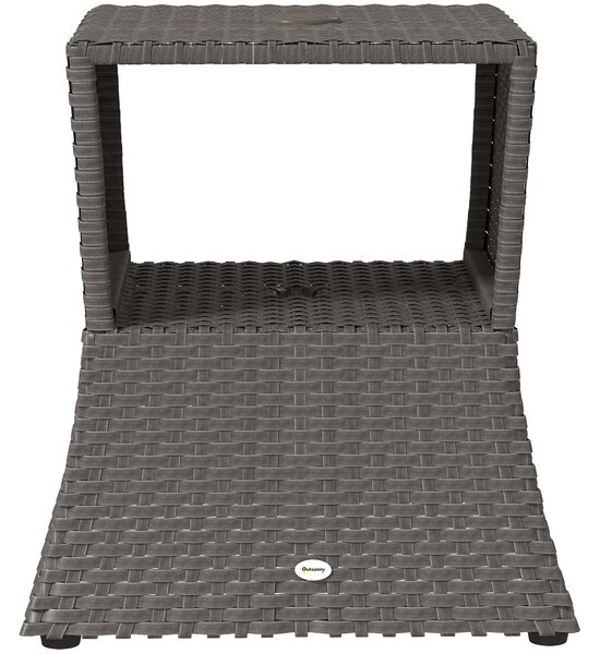 Outsunny Rattan Outdoor Coffee Table, Wicker Garden Patio Bistro Side Table with Umbrella Hole and Storage Space, Dark Grey
