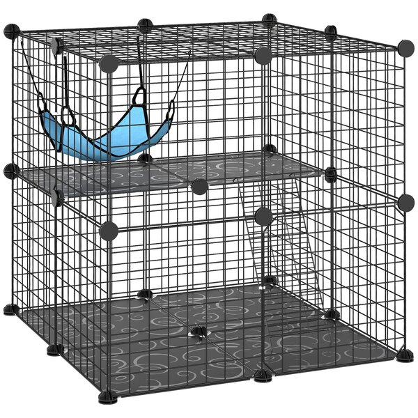PawHut Indoor Cat Cage DIY Customizable 2-Tier Indoor Cat Enclosure with 2 Doors and Hammock 70 cm Black
