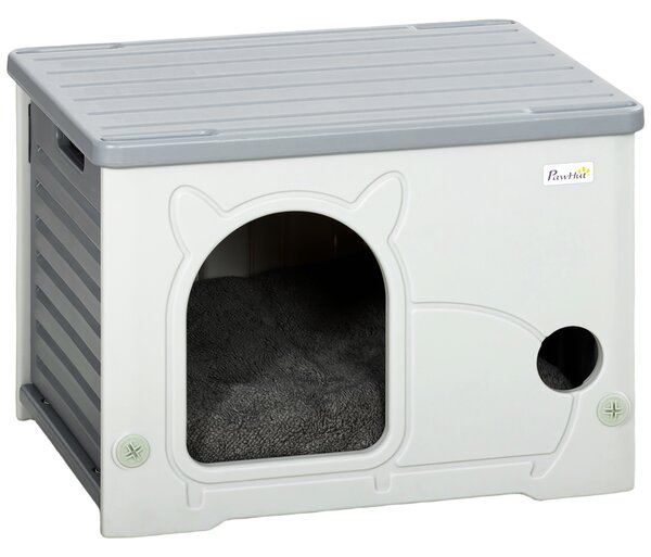 PawHut Cat House Stackable Pet Shelter with Removable Cushion for Indoor Outdoor Use Grey