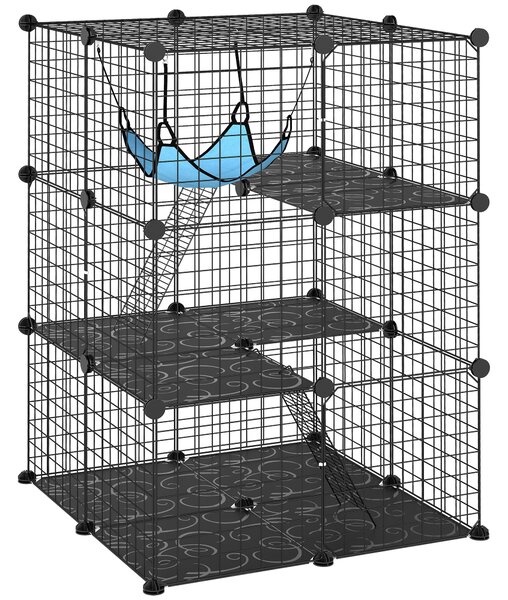 PawHut Indoor Cat Cage DIY Customizable 3-Tier Indoor Cat Enclosure with 3 Doors and Hammock 105 cm Black