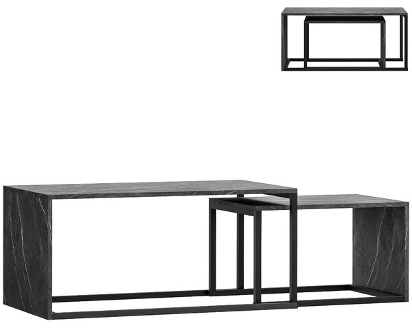 HOMCOM Coffee Tables Set of 2, Industrial Nest of Tables with Metal Frame for Living Room Bedroom, Dark Grey Marble Effect