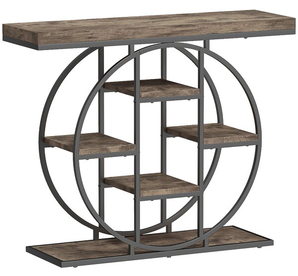 HOMCOM Industrial Console Table with Storage Shelves - Rustic Brown