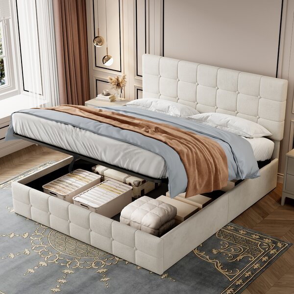 Upholstered Double Bed with Hydraulic Storage, Adjustable Button Tufted Headboard, Velvet Ottoman Bed Frame, 195L x 145W x 116H cm, Beige Aosom.UK