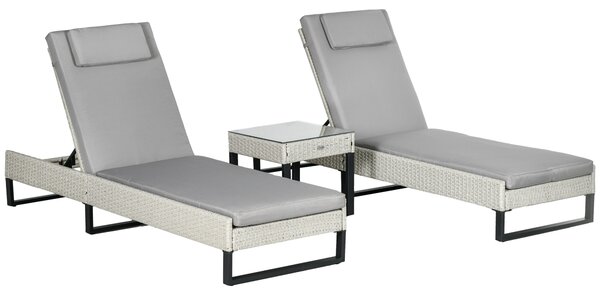 Outsunny 3-piece PE Rattan Sun Lounger Set with Adjustable 5-Position Recliner, Patio Chaise Lounge Chair Set with Cushions, Headrests, Glass Top Square Coffee Table, Light Grey