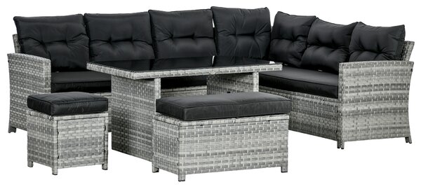 Outsunny 5-Piece Rattan Patio Furniture Set with Corner Sofa, Footstools, Glass Coffee Table, Cushions, Mixed Grey