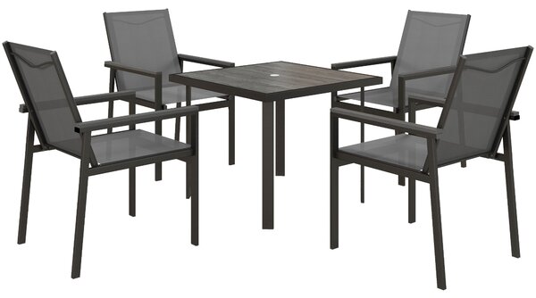 Outsunny 5 Pieces Garden Dining Set with Glass Top Dining Table, Outdoor Umbrella Hole Table and 4 Armchairs w/ Breathable Mesh Fabric Seats