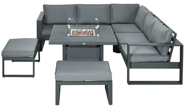 Outsunny 6-Piece Aluminium Garden Furniture Set, Outdoor Corner Sofa, Loveseat, Footstool, Sectional with Gas Fire Pit Table, Grey Aosom UK