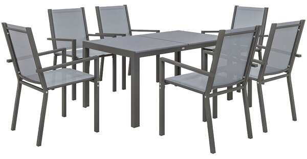 Outsunny 7 Pieces Garden Dining Set with Wood-plastic Composite Dining Table, and 6 Stackable Armchairs with Breathable Mesh Fabric