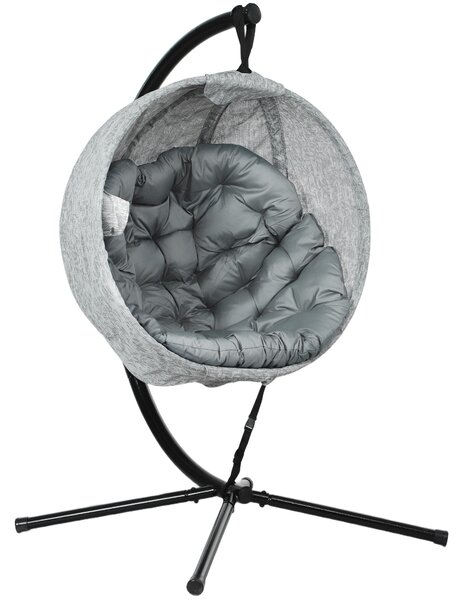 Outsunny Hanging Egg Chair Outdoor Indoor Garden Swing Chair with Folding Basket, Stand, Thickened Cushion, Cup Holder for Patio, Balcony, Grey
