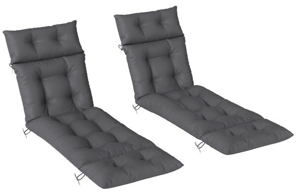 Outsunny Sun Lounger Cushions Only, 190x56x10cm Garden Lounge Chair Cushions Set of 2, Thick Sunbed Replacement Cushions with 6 Ties, Dark Grey
