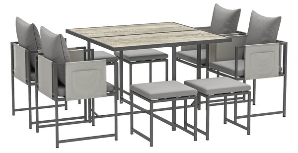 Outsunny 9 Piece Garden Dining Set, 8 Seater Garden Table and Chairs with 4 Stools, Square PSPC Plastic Top Table, Side Pockets for Patio, Grey