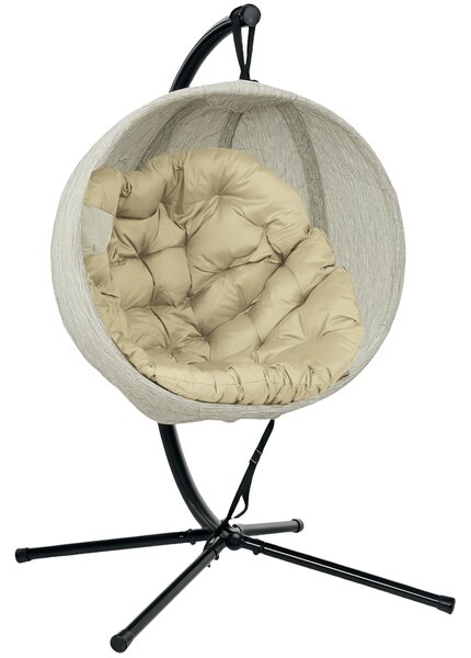 Outsunny Hanging Egg Chair with Folding Basket, Garden Hanging Chair with Stand, Thickened Cushion, Cup Holder for Patio, Balcony, Khaki
