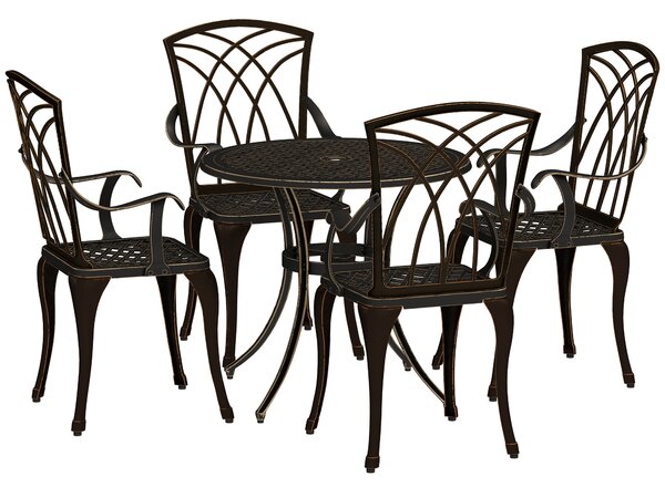 Outsunny 5 Pieces Garden Dining Set for 4, Cast Aluminium Outdoor Dining Set with 4 Armchairs and Round Dining Table with Parasol Hole, Bronze Tone