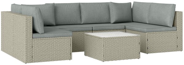 Outsunny 7 Pieces Rattan Garden Furniture Set, 6 Seater Garden Corner Sofa with Wide Seat, Cushions and Glass Top Table, Sectional Outdoor Furniture Conservatory Set for Patio, Light Brown