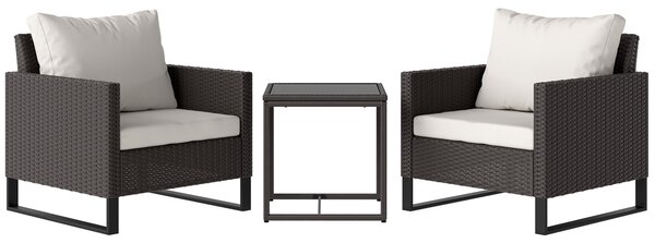 Outsunny 3 Pieces Rattan Bistro Set with 4 Cushions, Wicker Garden Furniture Set, Glass Top Coffee Table and Chairs for Outdoor Patio, Balcony, Terrace and Conservatory, Brown