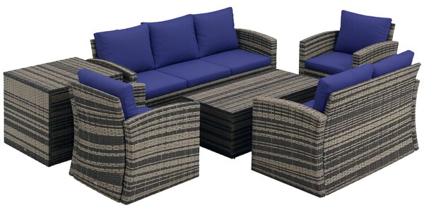 Outsunny 6 Pieces Rattan Garden Furniture Set, 7 Seater Wicker Outdoor Furniture Set with Storage Tea Table, Side Table, Cushions, Navy Blue