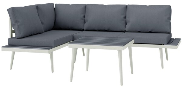 Outsunny 3 Piece Garden Furniture Set with 5-Level Adjustable Lounger, L Shaped Garden Corner Sofa with Cushions, Mesh Seat, Slatted Wood-Grain Table, Outdoor Furniture Set for Conservatory, Grey