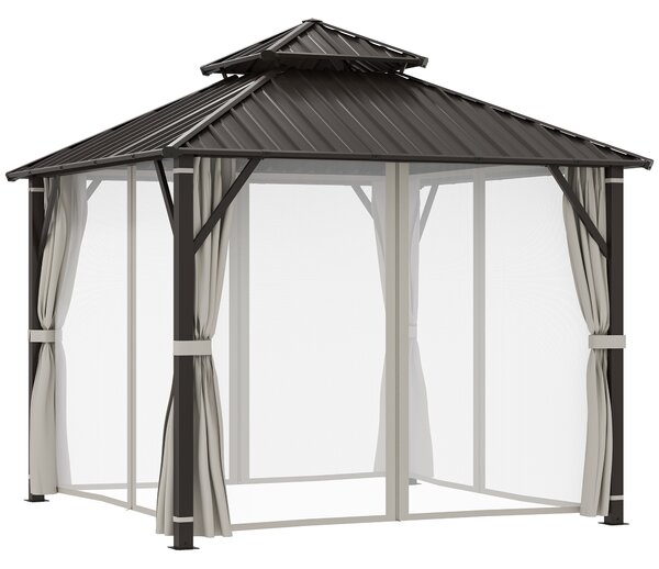 Outsunny 3 x 3(m) Hardtop Gazebo Canopy with Double Metal Roof, Waterproof Permanent Pavilion Garden Gazebo with Netting and Curtains, Easy to Assemble