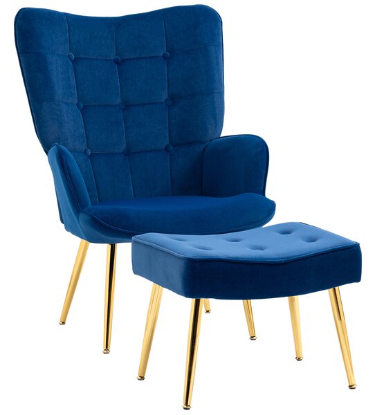 HOMCOM Upholstered Armchair with Footstool Set, Modern Button Tufted Accent Chair with Gold Tone Steel Legs, Wingback Chair for Living Room, Bedroom, Home Study, Dark Blue