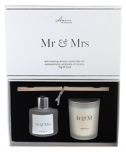 Amore Sandalwood Mr & Mrs Diffuser and Candle Set White