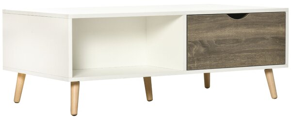 HOMCOM Coffee Table, Modern Tea Table with Open Storage Shelves, Two Drawers and Solid Wood Legs, Coffee Tables for Living Room, Bed Room, White
