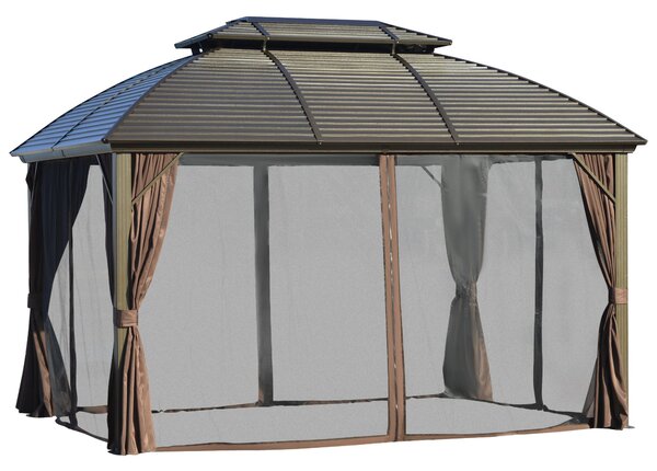 Outsunny 3.65 x 3(m) Hardtop Steel Gazebo Canopy for Patio Heavy Duty Outdoor Pavilion with Aluminium Alloy Frame, Double Roof, Net Sidewalls and Curtains, Brown