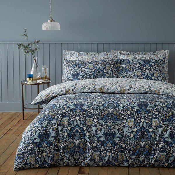 Hardwick Blue Duvet Cover and Pillowcase Set Blue, Yellow and White