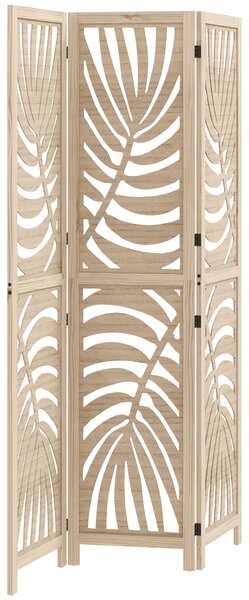HOMCOM 3 Panel Room Divider, Detachable Folding Privacy Screens with Palm Leaf Design for Home Office, Natural Wood Finish