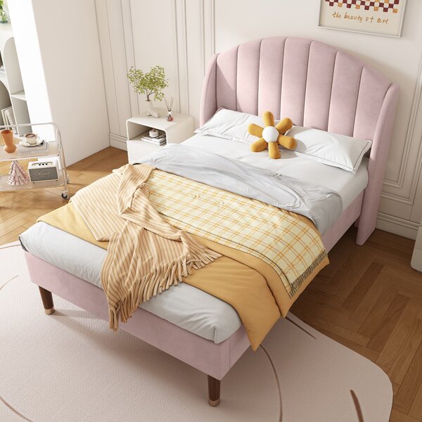 Single Stylish Velvet Fabric Upholstered Bed with Slatted Frame and Headboard, Modern Bedroom Furniture, Easy Assembly, 100x196x108cm, Pink Aosom.UK